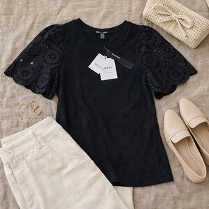 Tahari Black Eyelet Puff Sleeve Top NWT Elevated Modal Tee